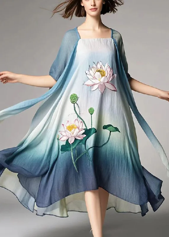 evening dressPlus Size Gradient Color Lotus Print Cotton A Line Dress Summer