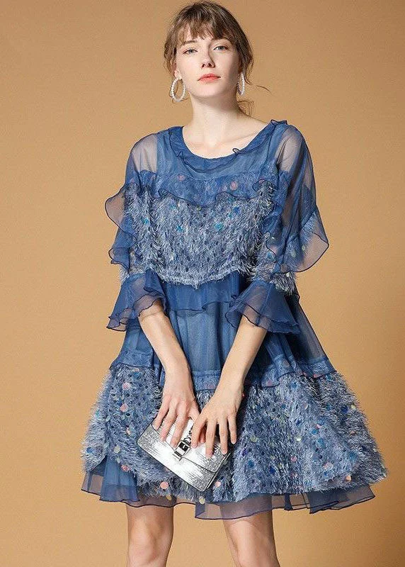 v-neck dressClassy Blue Sequins Velour Patchwork Tulle Day Dress Half Sleeve