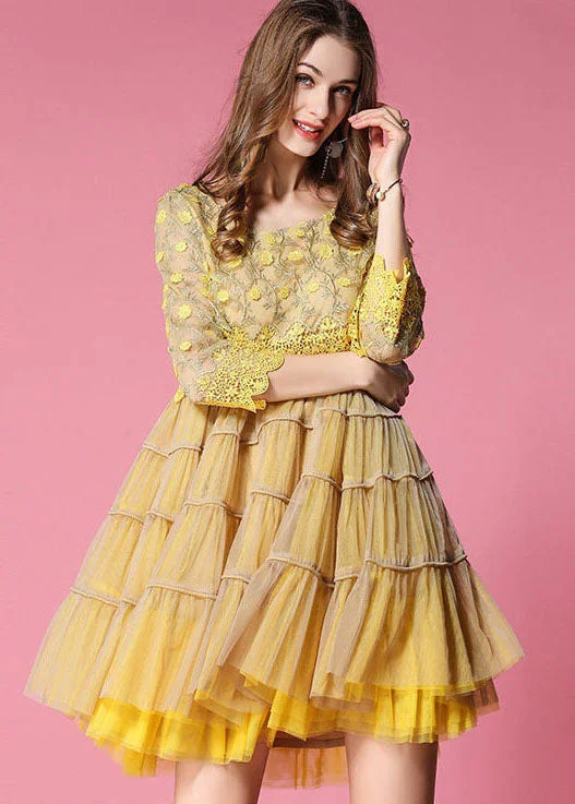 satin dressWomen Yellow Embroideried Lace Patchwork Tulle Dress Bracelet Sleeve