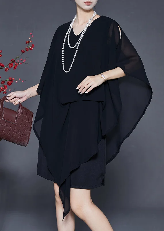 form-fitting dressElegant Black Asymmetrical Cold Shoulder Chiffon Tea Dress Summer