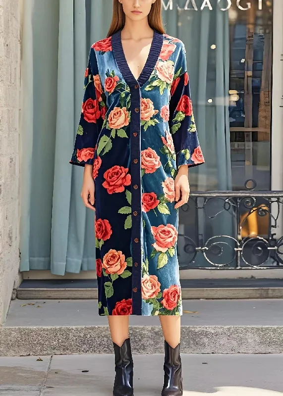 summer dressItalian Navy V Neck Floral Silk Velvet Long Dress Spring