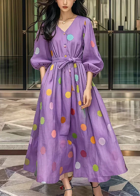 Flash Deals velvet dressCasual Purple Tie Waist Print Cotton Robe Dresses Fall