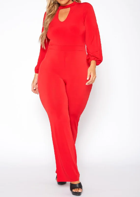 Don't Wait Hi Curvy Plus Size Women Keyhole Front Flare Leg Jumpsuit