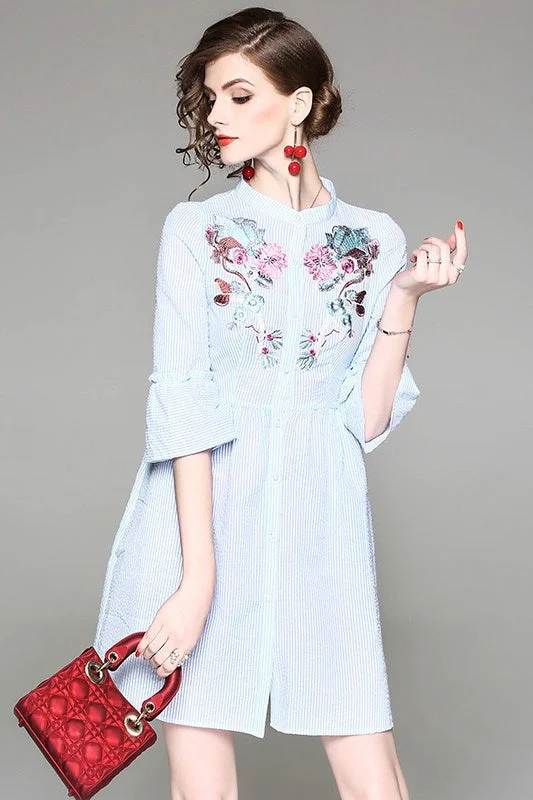 fitted cocktail dressFloral Embroidered Stripe Shirt Dress