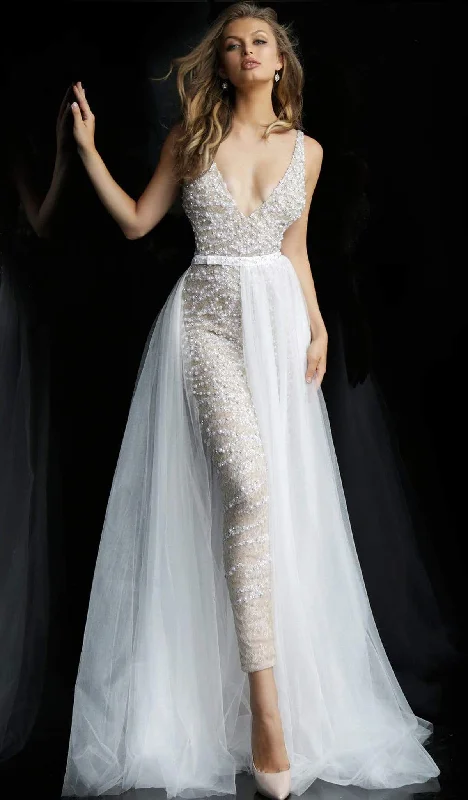 Instant Discount Jovani - 60010 Beaded Deep V-neck Jumpsuit With Tulle Overskirt