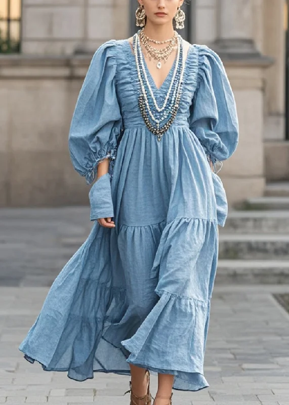 minimalistic dressFrench Blue V Neck Wrinkled Cotton Maxi Dresses Spring