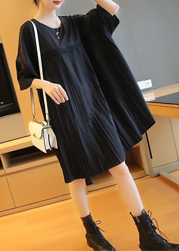 casual day dressFashion Black Oversized Patchwork Pleated Mid Dress Half Sleeve