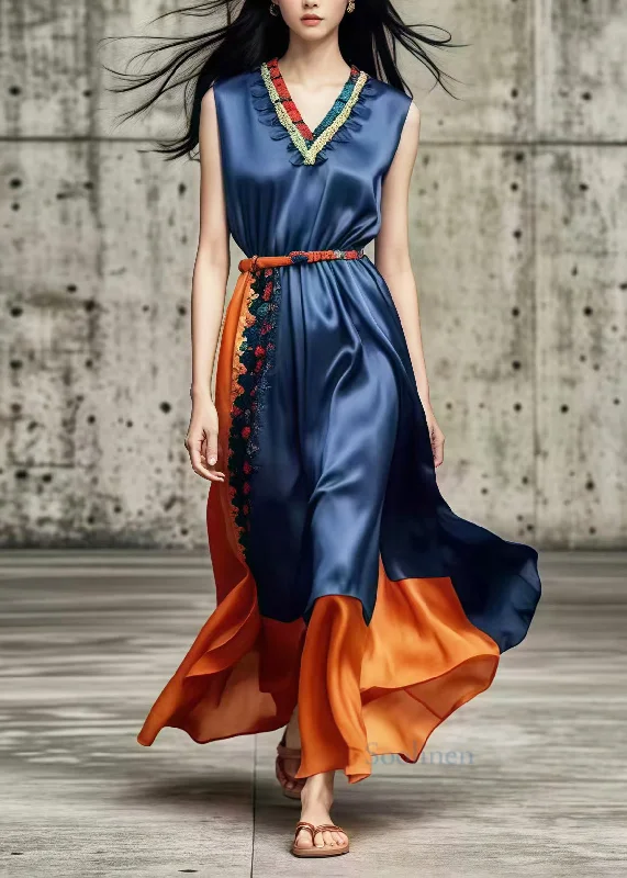 Discount Deals chic dressSilm Fit Navy Ruffled Patchwork Silk Holiday Dress Summer