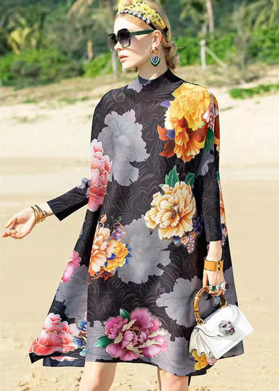 v-neck dressClassy Black Hign Neck Print Patchwork Cotton A Line Dress Fall