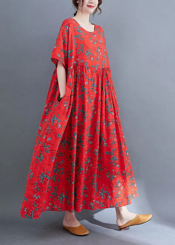 Instant Savings stylish dressLoose Red O-Neck Print Exra Large Hem Wrinkled Cotton Holiday Dress Short Sleeve
