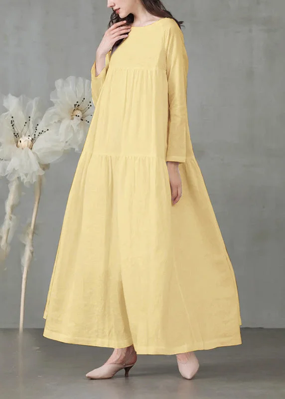 Can't Be Beat form-fitting dressArt Yellow Patchwork Solid Loose Linen Dress Long Sleeve