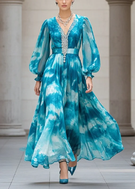 Crazy Deals evening dressPlus Size Peacock Blue Cinched Tie Dye Chiffon Ankle Dress Fall