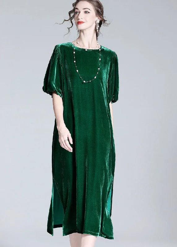 Mega Deal casual knit dressModern Green O Neck Patchwork Side Open Silk Velour Dresses Summer