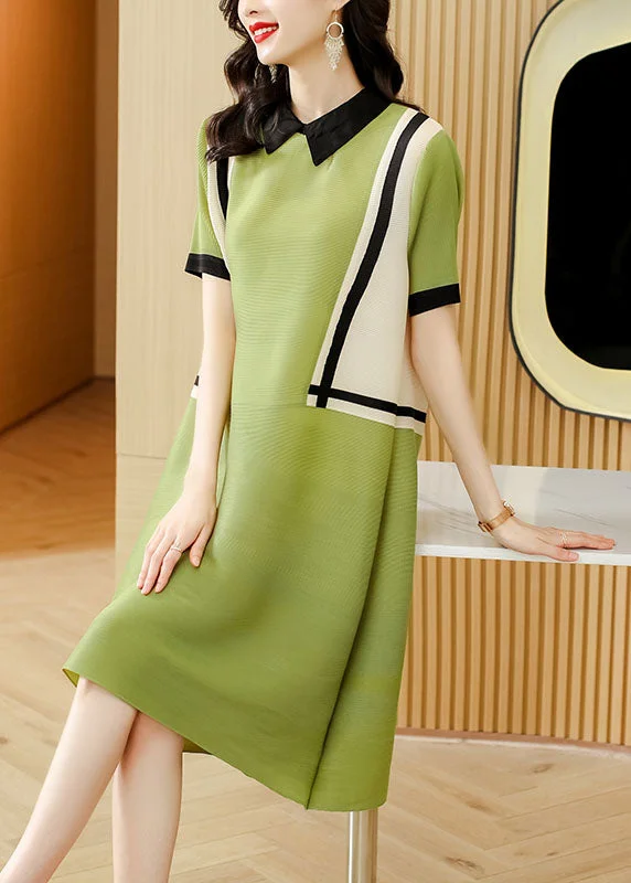 printed dressFrench Green Peter Pan Collar Patchwork 2024 Mid Dress Short Sleeve