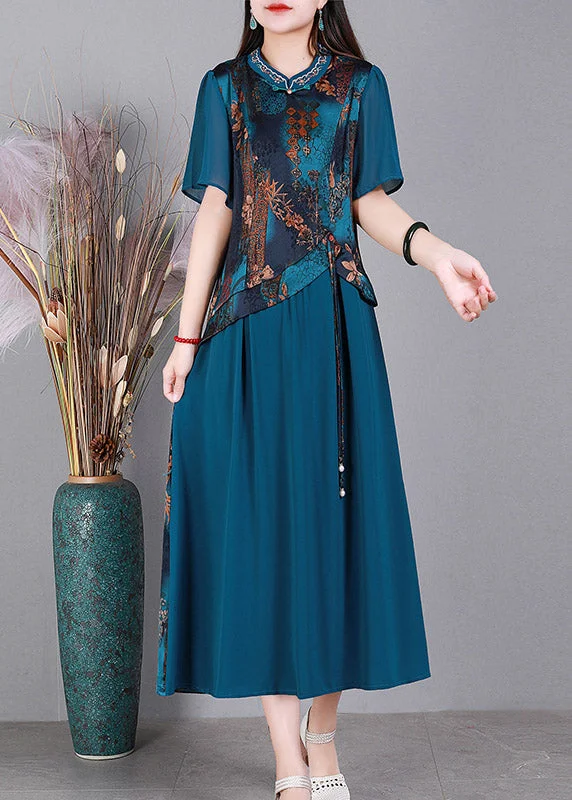 Savings Event v-neck dressVintage Blue O-Neck Print Silk Long Dresses Short Sleeve