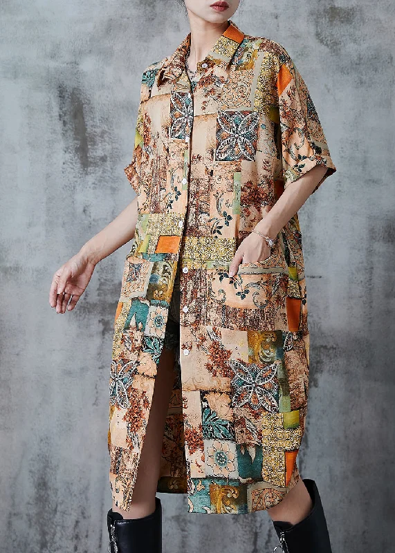 Final Markdown wrap-around dressCasual Khaki Oversized Print Chiffon Shirt Dress Summer
