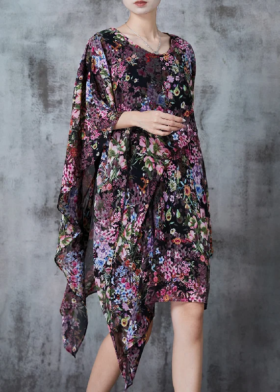 flowy evening dressNatural Black Asymmetrical Print Chiffon Tea Dresses Summer