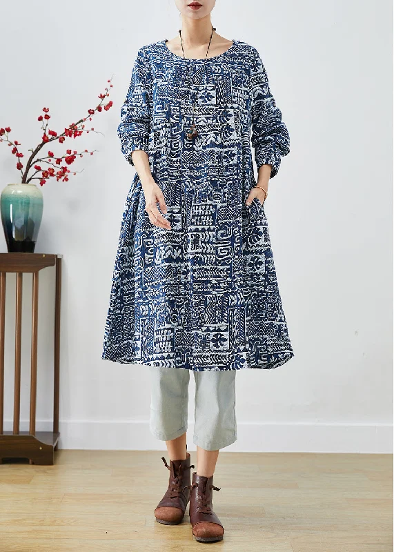 draped dressWomen Navy Oversized Print Linen Dress Fall