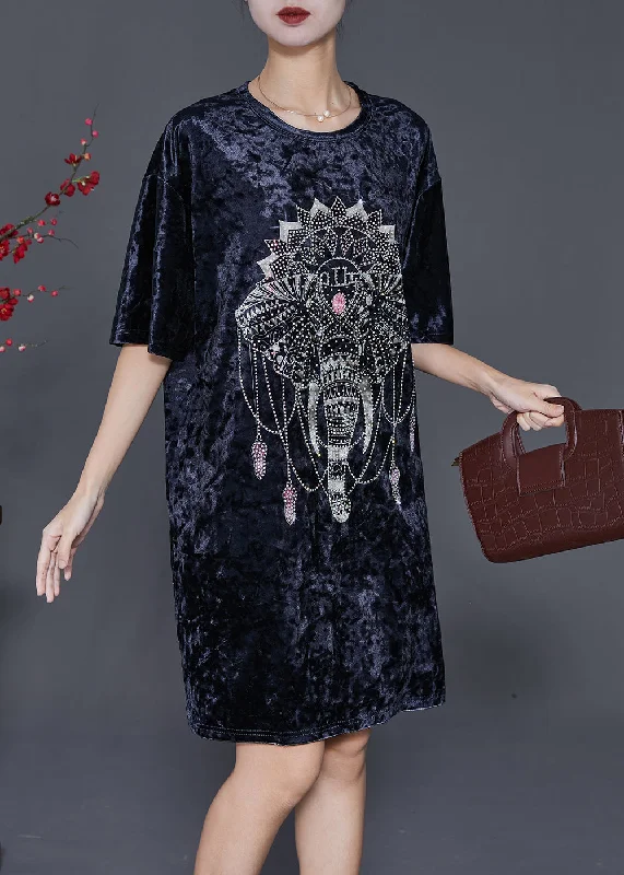 ruffle dressFrench Navy Oversized Elephant Silk Velour Dress Half Sleeve