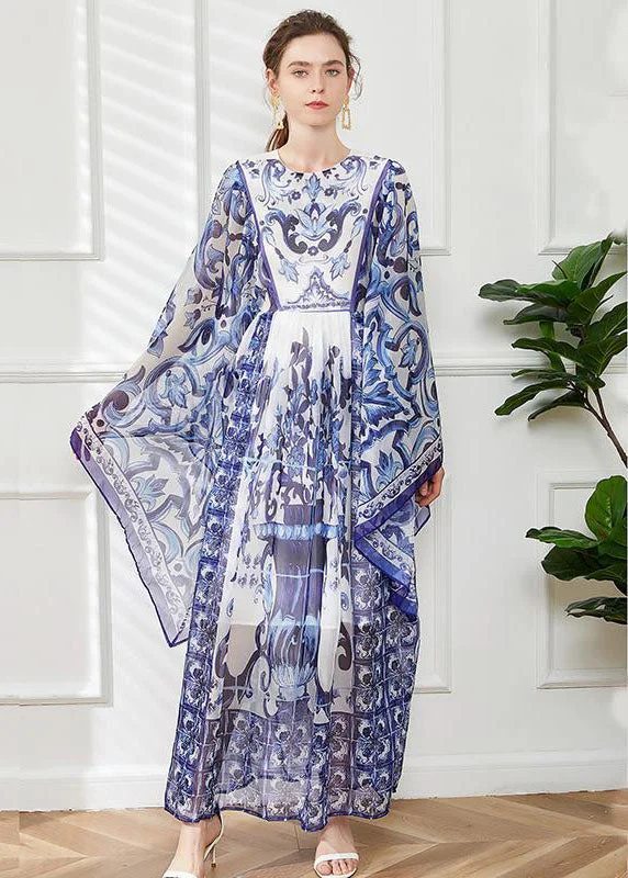 Special Price wrap dressBohemian Blue O-Neck Print Chiffon Maxi Dress Cloak Sleeves
