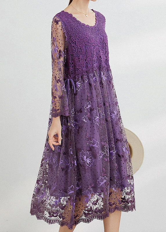 New Deals high-waisted dressPurple Hollow Out Lace Patchwork Maxi Dresses O Neck Spring