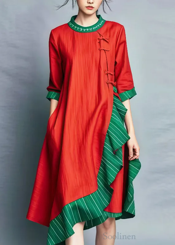 Final Sale vintage-inspired dressRed Patchwork Cotton Mid Dress Ruffled Chinese Button Summer Final Sale vintage-inspired dressRed Patchwork Cotton Mid Dress Ruffled Chinese Button Summer