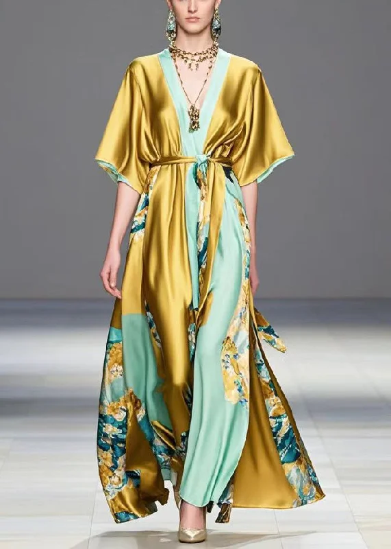 Referral Discount knit dressDIY Golden Tie Waist Print Silk Maxi Dress Summer