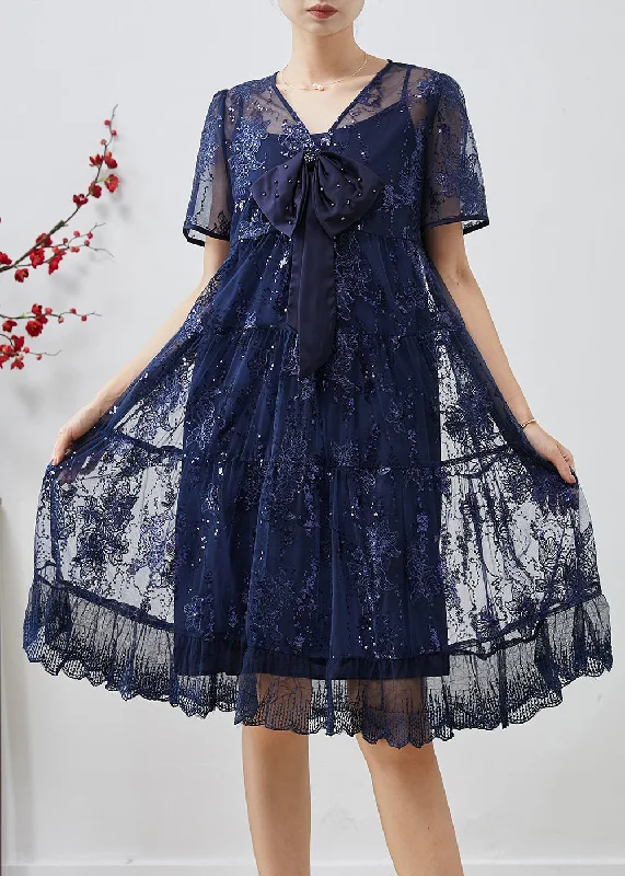 spaghetti strap dressDIY Navy Sequins Embroidered Tulle Bow Dresses Summer