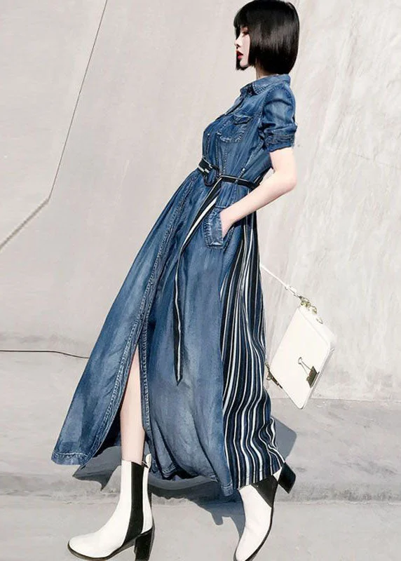 Don't Miss one-shoulder dressStyle Blue Peter Pan Collar Patchwork Striped Denim Cinched Dress Spring