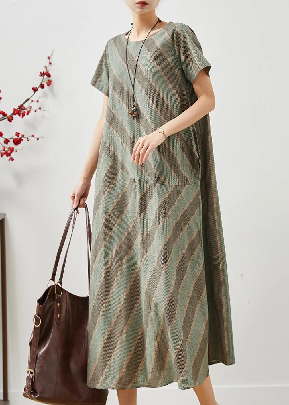Hot Deal casual knit dressCasual Green Striped Patchwork Cotton Long Dress Summer
