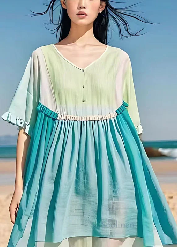 bodycon dressFine Light Blue Oversized Patchwork Linen Vacation Dress Summer