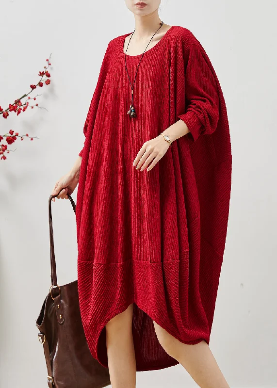 Hurry In trendy mini dressRed Patchwork Cotton Maxi Dress Oversized Wrinkled Fall