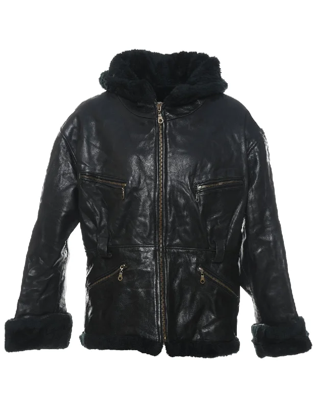 Clearance Event trendy puffer coatHooded Black Faux Shearling Lined Classic Leather Jacket - L Clearance Event trendy puffer coatHooded Black Faux Shearling Lined Classic Leather Jacket - L