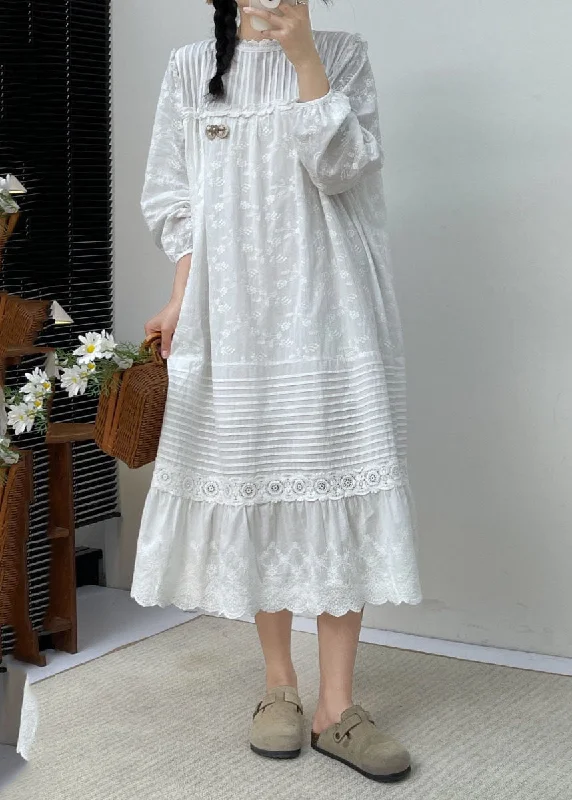 Today’s Deal elegant dressCute White Embroidered Ruffled Patchwork Wrinkled Cotton Maxi Dress Long Slee