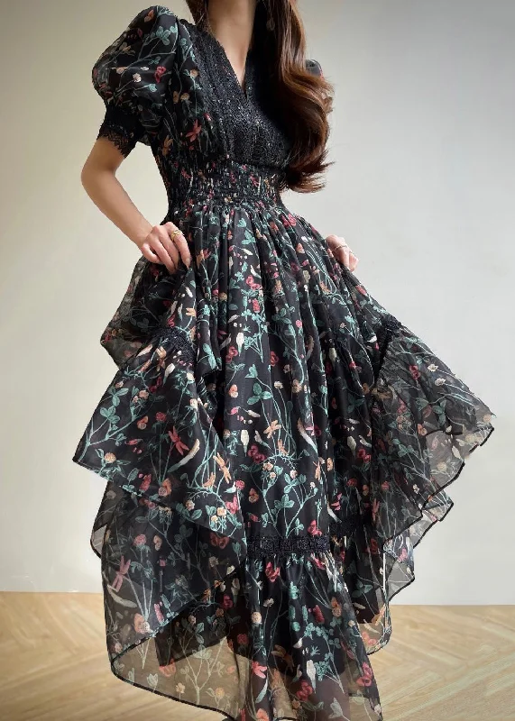 Mega Deal party dressFrench Black V Neck Print Elastic Waist Chiffon Dresses Summer