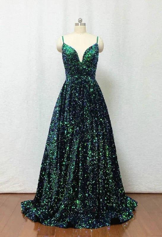 Final Sale chic slip dressStraps Sparkle Green Prom Dress