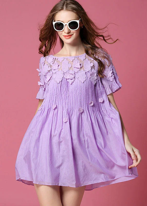 casual slip dressSimple Purple Hollow Out Wrinkled Cotton Day Dress Summer