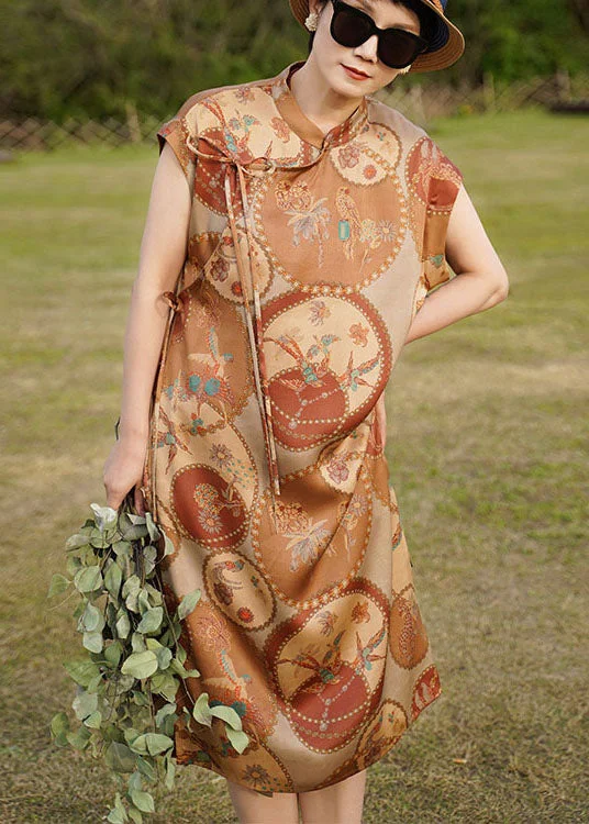 Special Savings luxury dressOriginal Design Khaki Mandarin Collar Print Side Open 2024 Silk Dresses Sleeveless