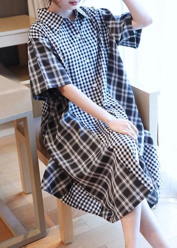 New Deals spaghetti strap dressCasual Black White Plaid Peter Pan Collar Button Shirts Dresses Half Sleeve