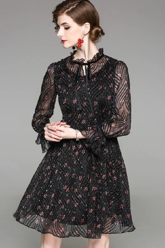 ruched dressSmall Flower Black Chiffon Dress