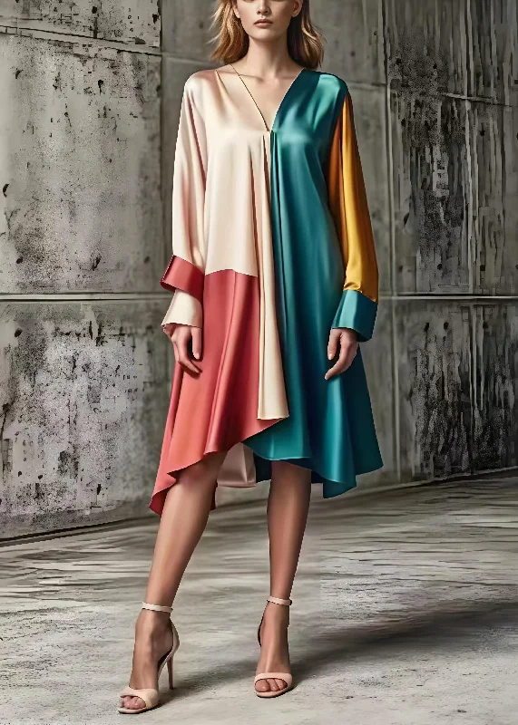 trendy wrap dressWomen Asymmetrical Patchwork Silk Day Dress Spring