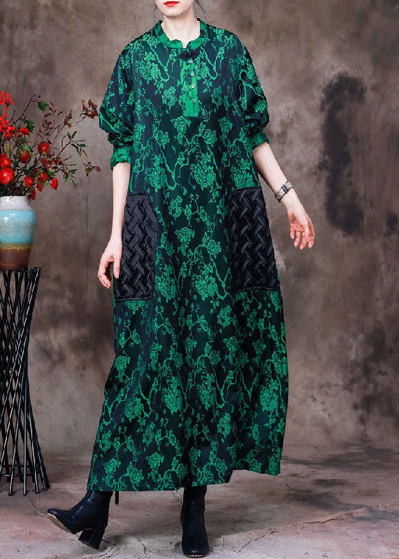 Deal Explosion midi dressBoho Green Stand Collar Jacquard Patchwork Silk Long Dress Long Sleeve Deal Explosion midi dressBoho Green Stand Collar Jacquard Patchwork Silk Long Dress Long Sleeve