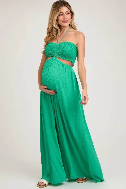Daily Deals Green Smocked Drawstring Halter Side Cutout Maternity Jumpsuit