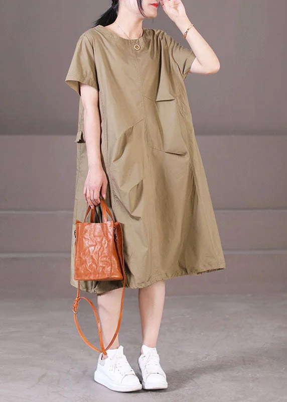Price Drop casual summer dressStyle Khaki Asymmetrical Design Wrinkled Cotton Party Dress Short Sleeve