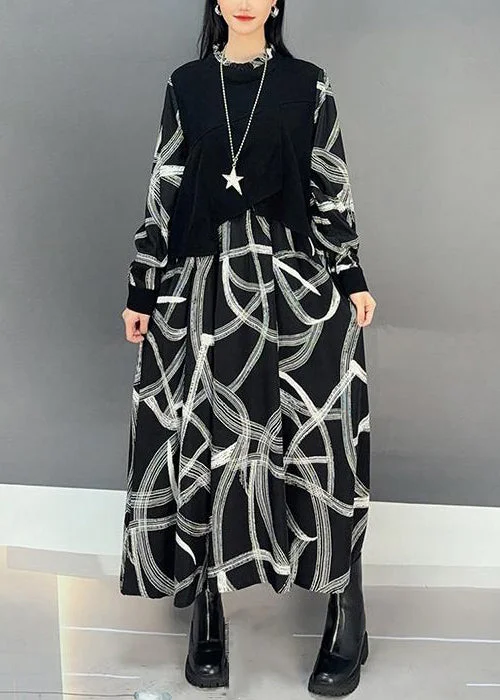 Deep Discounts stylish party dressFrench Black Print Patchwork Cotton Maxi Dress Fall