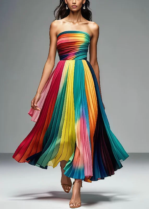 chic dressArt Rainbow Strapless Chiffon Party Pleated Dress Summer