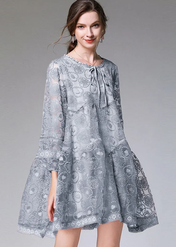 boho dressBlue Grey Hollow Out Lace Maxi Dress O-Neck Embroideried Long Sleeve