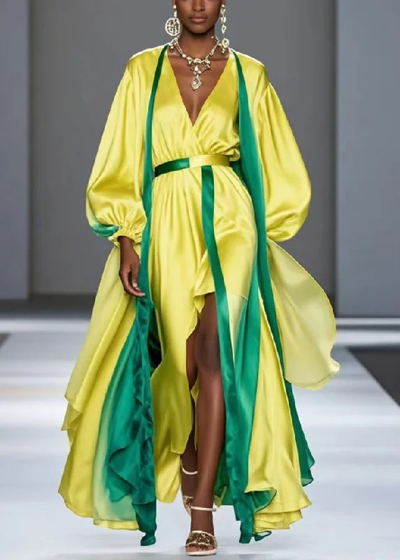 summer dressFrench Yellow Asymmetrical Patchwork Silk Robe Dresses Spring