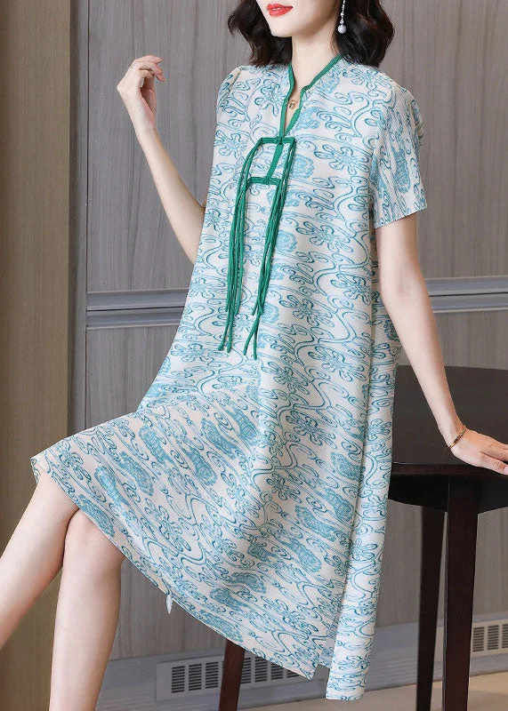 boho-chic dressArt Green Print Stand Collar 2024 Silk Holiday Dress Short Sleeve