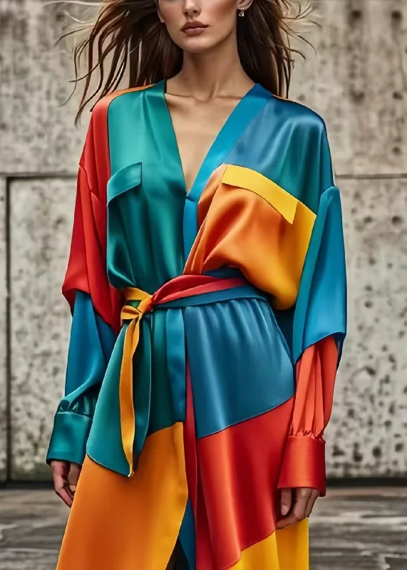 satin dressBohemian Colorblock Asymmetrical Patchwork Tie Waist Silk Dress Spring